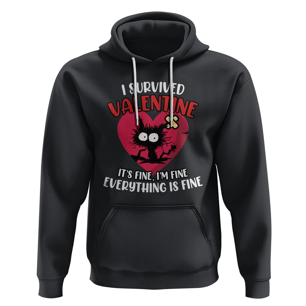 Funny Cat Valentine Hoodie I Survived It's Fine I'm Fine Everything Is Fine Anti Valentines Day TS02 Black Printyourwear