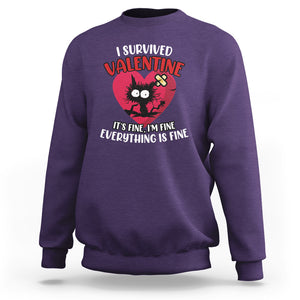 Funny Cat Valentine Sweatshirt I Survived It's Fine I'm Fine Everything Is Fine Anti Valentines Day TS02 Purple Printyourwear