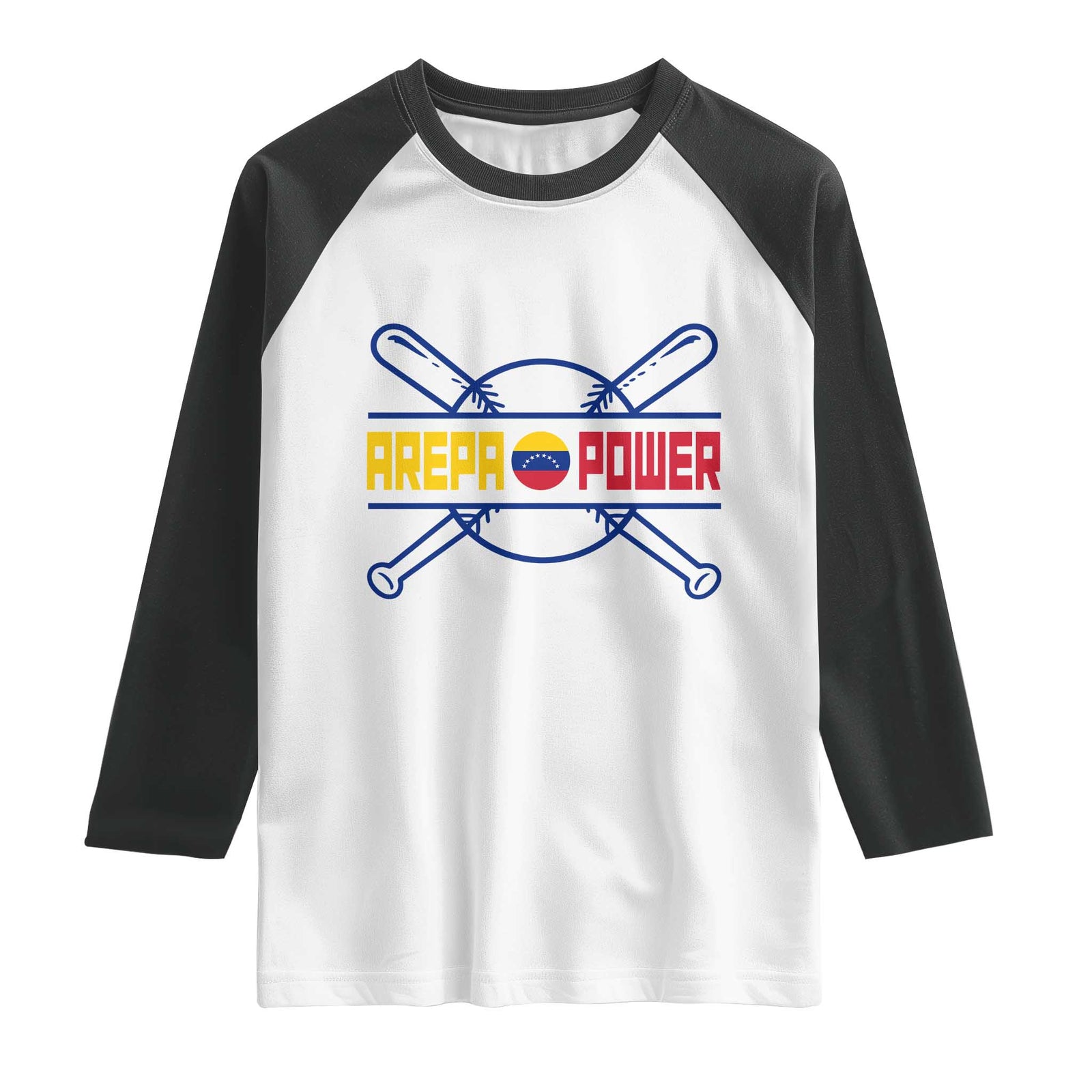 Arepa Power Baseball Crossed Bats Raglan Shirt Funny Venezuelan Pride Gift for Latino Sports Fans TS02 White Black Print Your Wear
