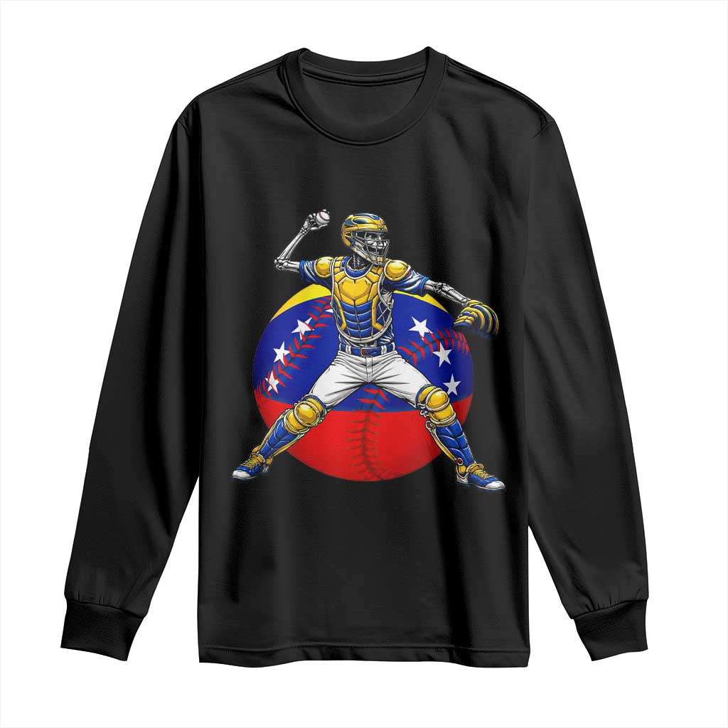 Venezuela Baseball Pitcher Skeleton Long Sleeve Shirt Venezuelan Flag Venezuela Pride Sports Fans TS02 Black Print Your Wear