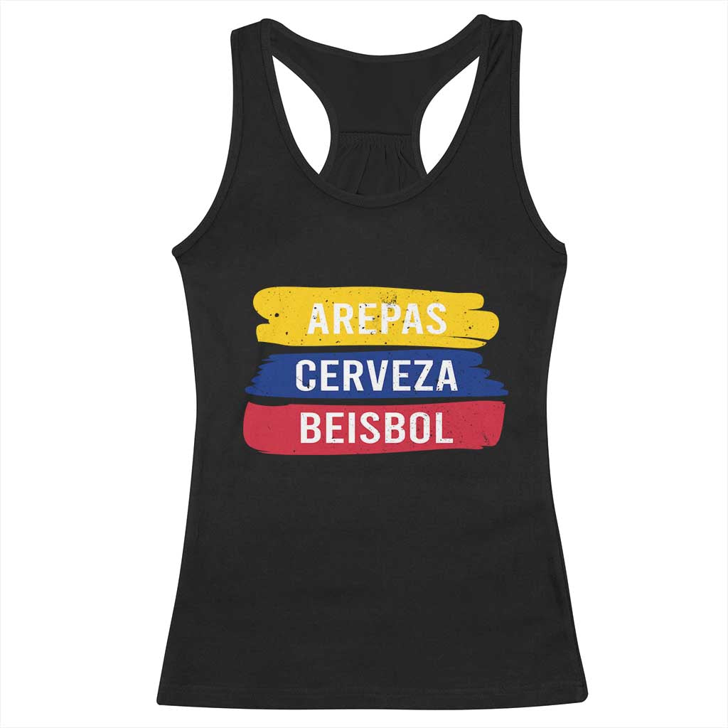 Arepas Cerveza Beisbol Venezuela Things Racerback Tank Top Funny Latino Food Beer and Baseball Pride TS02 Black Print Your Wear