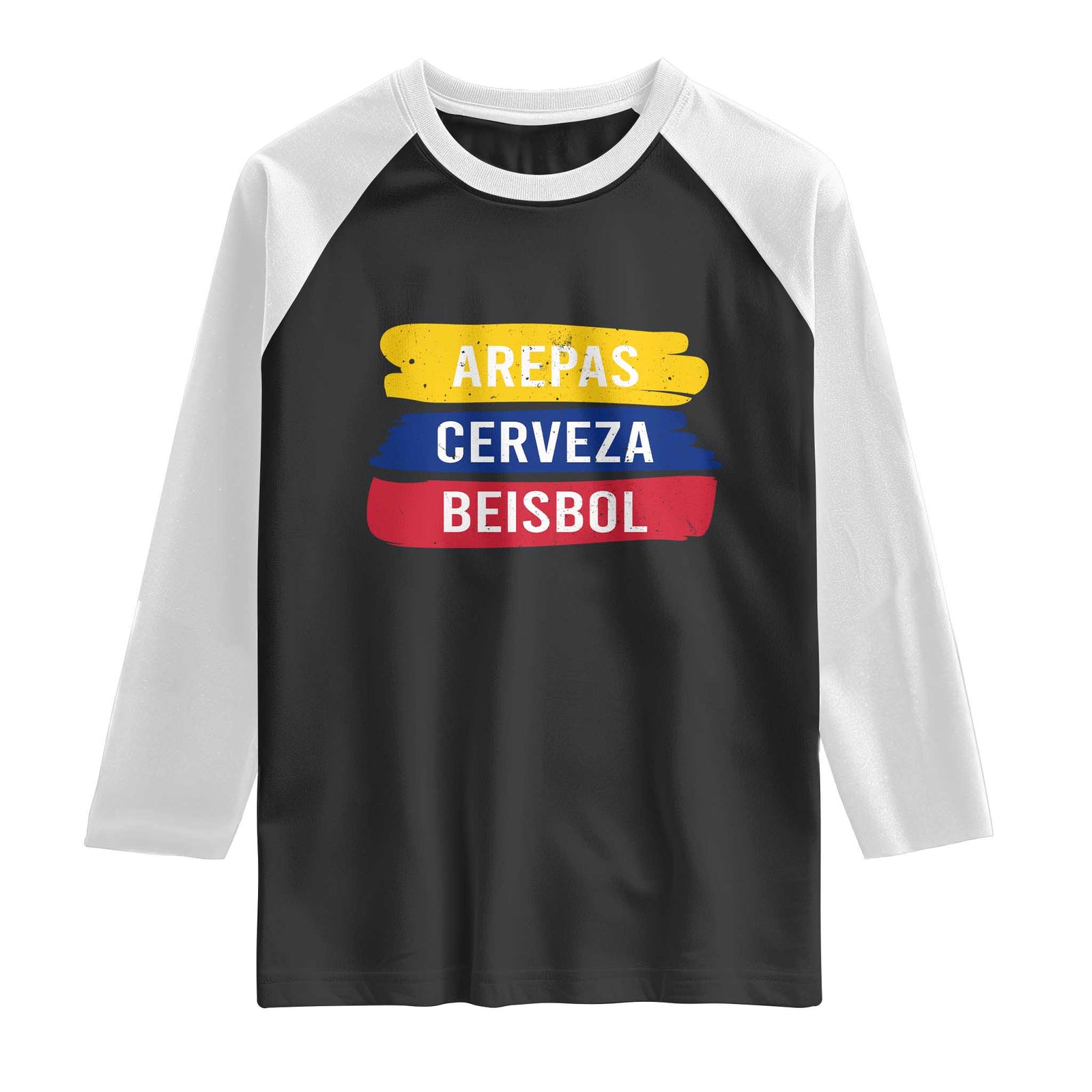 Arepas Cerveza Beisbol Venezuela Things Raglan Shirt Funny Latino Food Beer and Baseball Pride TS02 Black White Print Your Wear