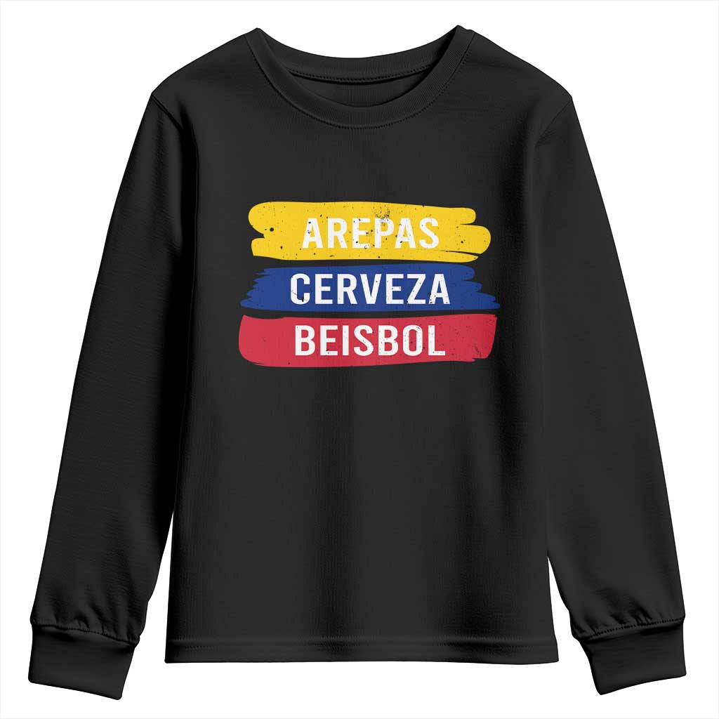 Arepas Cerveza Beisbol Venezuela Things Youth Sweatshirt Funny Latino Food Beer and Baseball Pride TS02 Black Print Your Wear