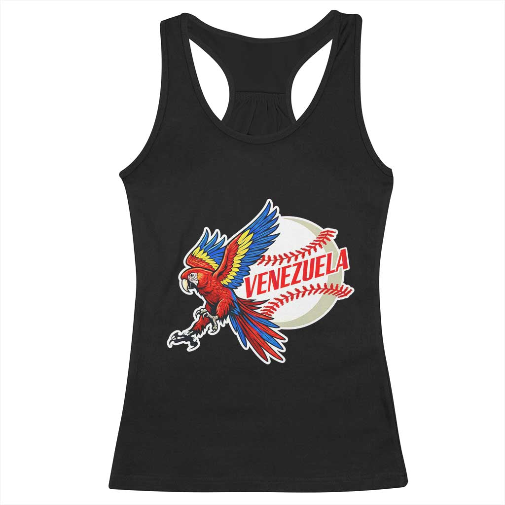 Venezuela Baseball Flying Scarlet Macaw and Ball Racerback Tank Top Ara Macao Guacamaya Venezuelan Pride TS02 Black Print Your Wear