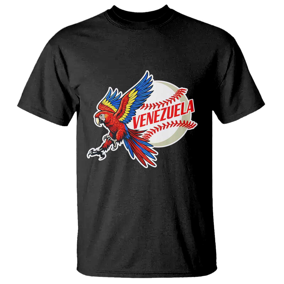 Venezuela Baseball Flying Scarlet Macaw and Ball T Shirt Ara Macao Guacamaya Venezuelan Pride TS02 Black Print Your Wear