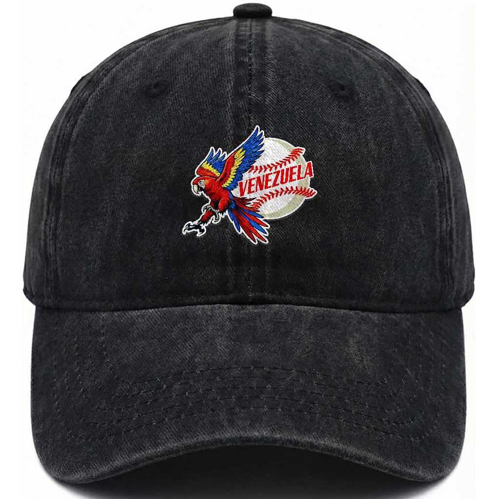 Venezuela Baseball Flying Scarlet Macaw and Ball Washed Cotton Baseball Cap Ara Macao Guacamaya Venezuelan Pride TS02 Print Your Wear