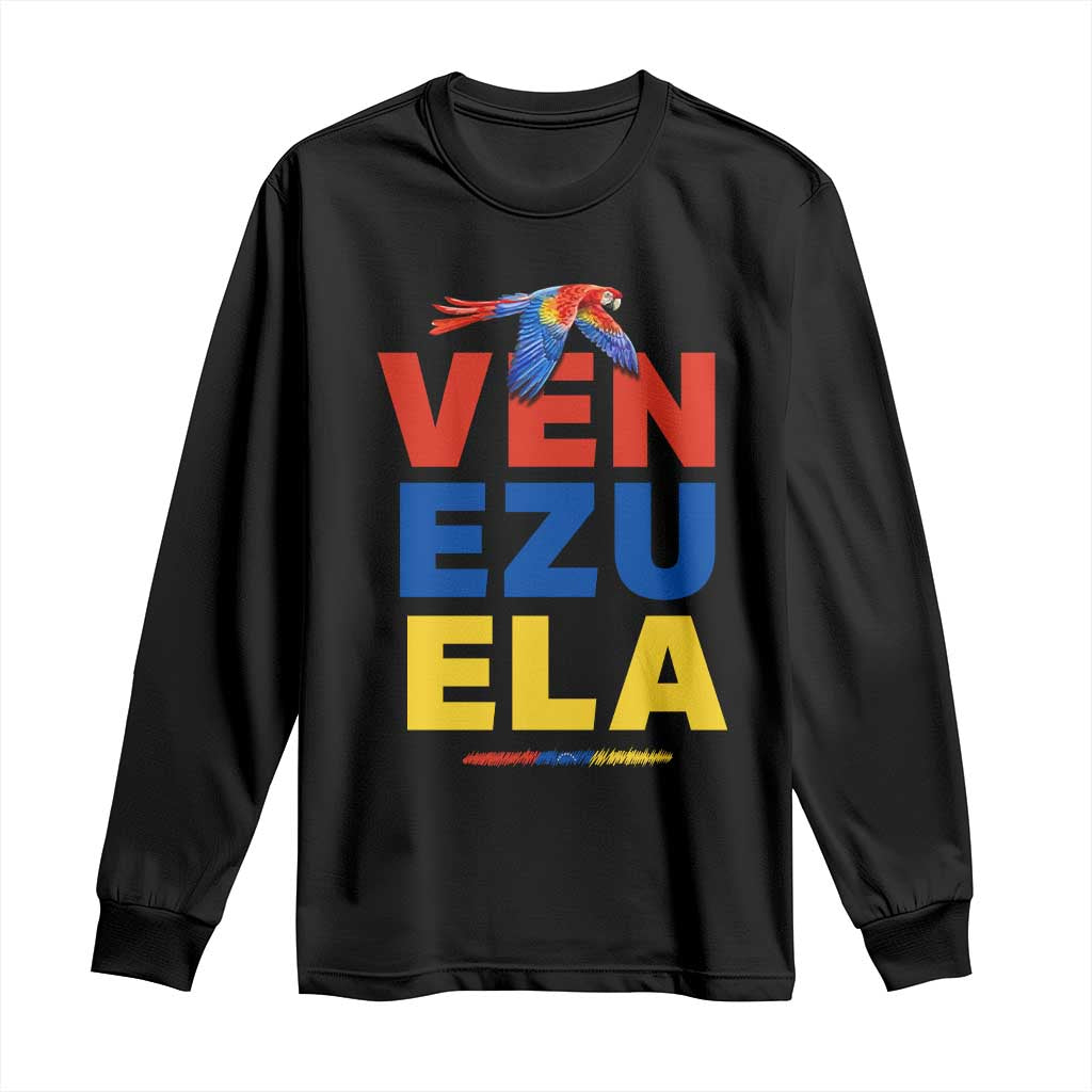 Venezuela Pride Flying Scarlet Macaw Long Sleeve Shirt Ara Macao Guacamaya Venezuelan Pride Tropical Bird TS02 Black Print Your Wear
