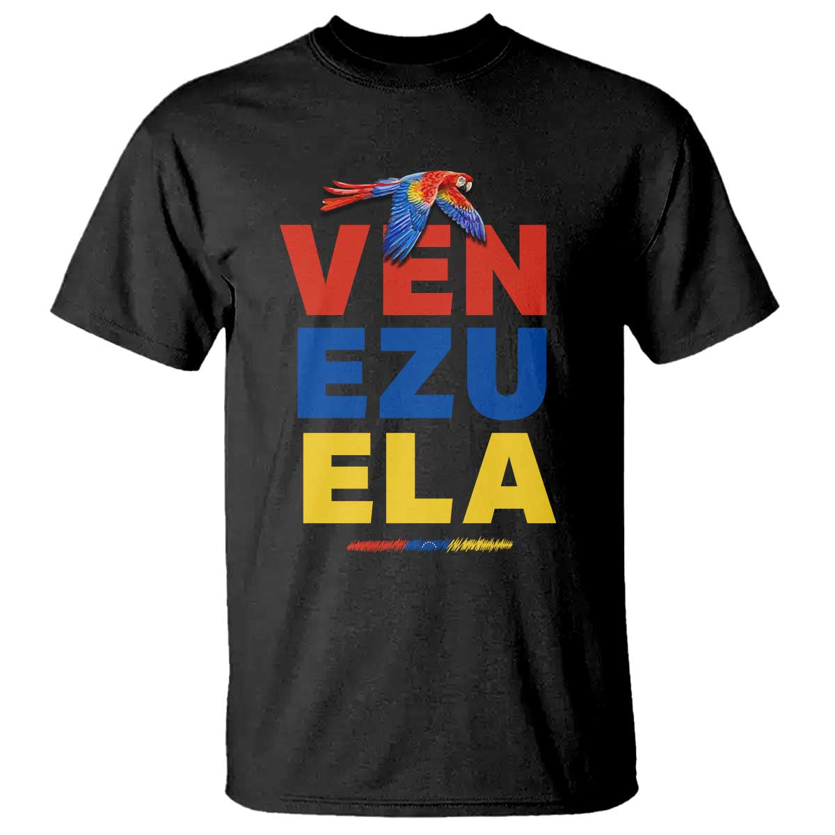 Venezuela Pride Flying Scarlet Macaw T Shirt Ara Macao Guacamaya Venezuelan Pride Tropical Bird TS02 Black Print Your Wear