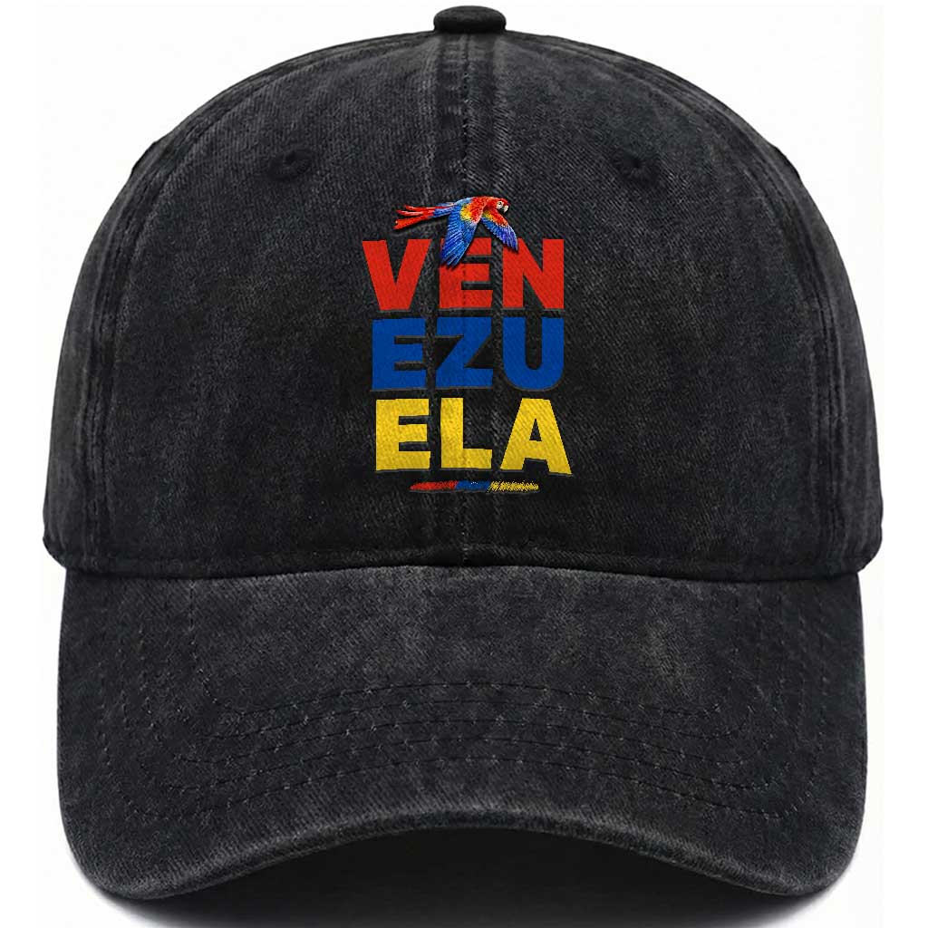 Venezuela Pride Flying Scarlet Macaw Washed Cotton Baseball Cap Ara Macao Guacamaya Venezuelan Pride Tropical Bird TS02 Print Your Wear