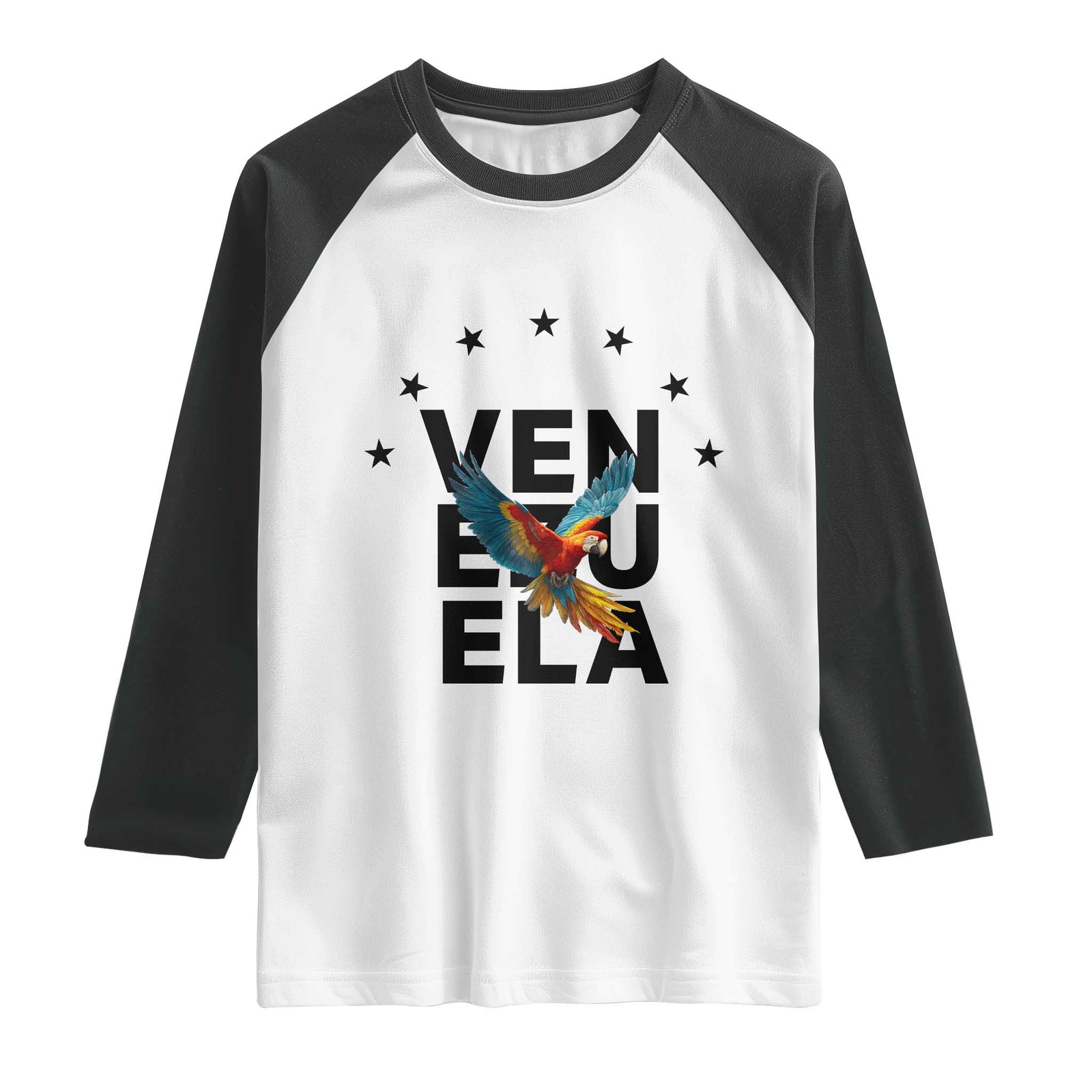 Venezuela Pride Flying Macaw Raglan Shirt Ara Macao Guacamaya Venezuelan Pride Tropical Bird TS02 White Black Print Your Wear