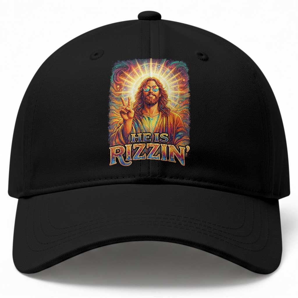Funny Christian Easter He Is Rizzin Baseball Cap Trendy Jesus Humor with Sunglasses Faith Based Meme Gift TS02 Print Your Wear