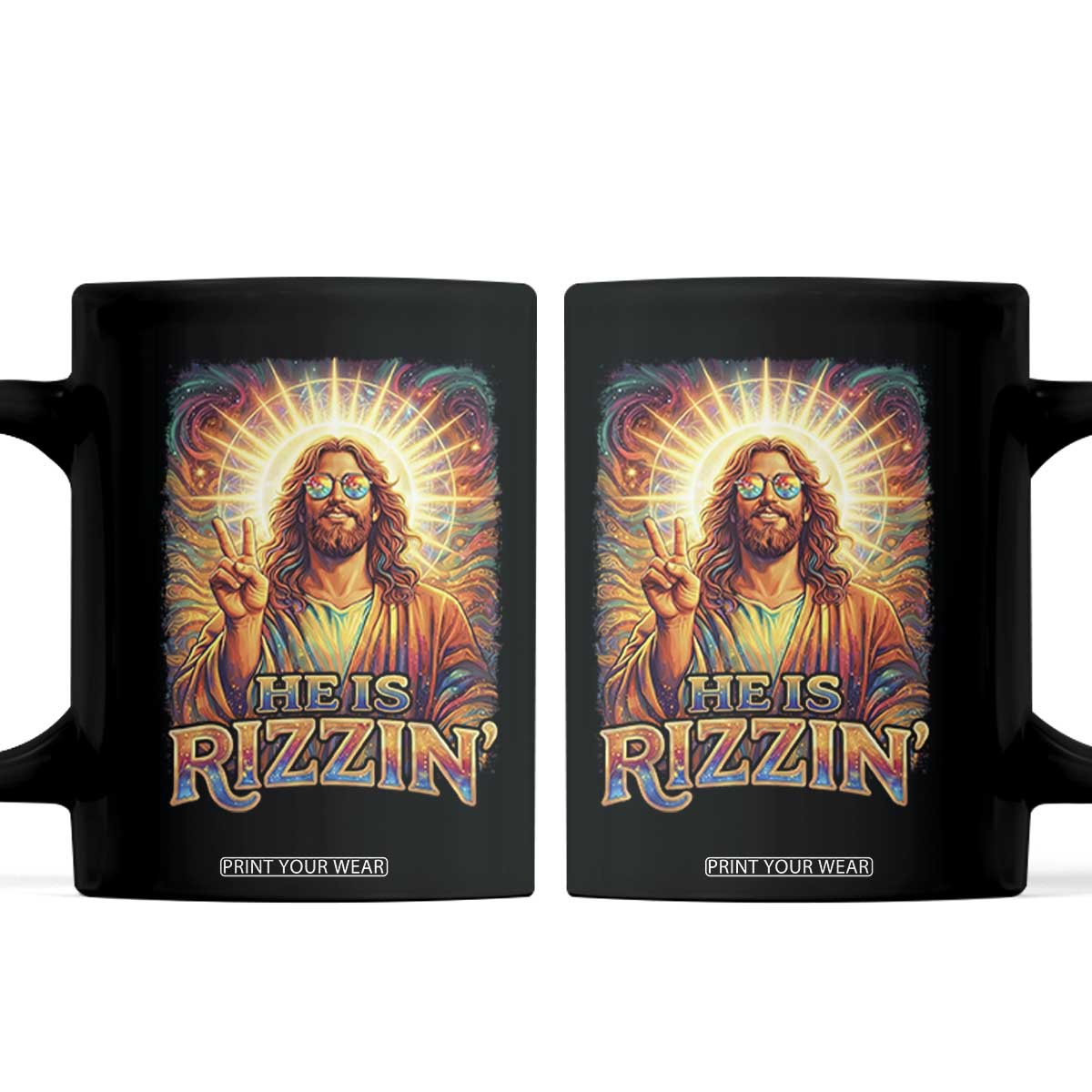 Funny Christian Easter He Is Rizzin Coffee Mug Trendy Jesus Humor with Sunglasses Faith Based Meme Gift TS02 Black Print Your Wear