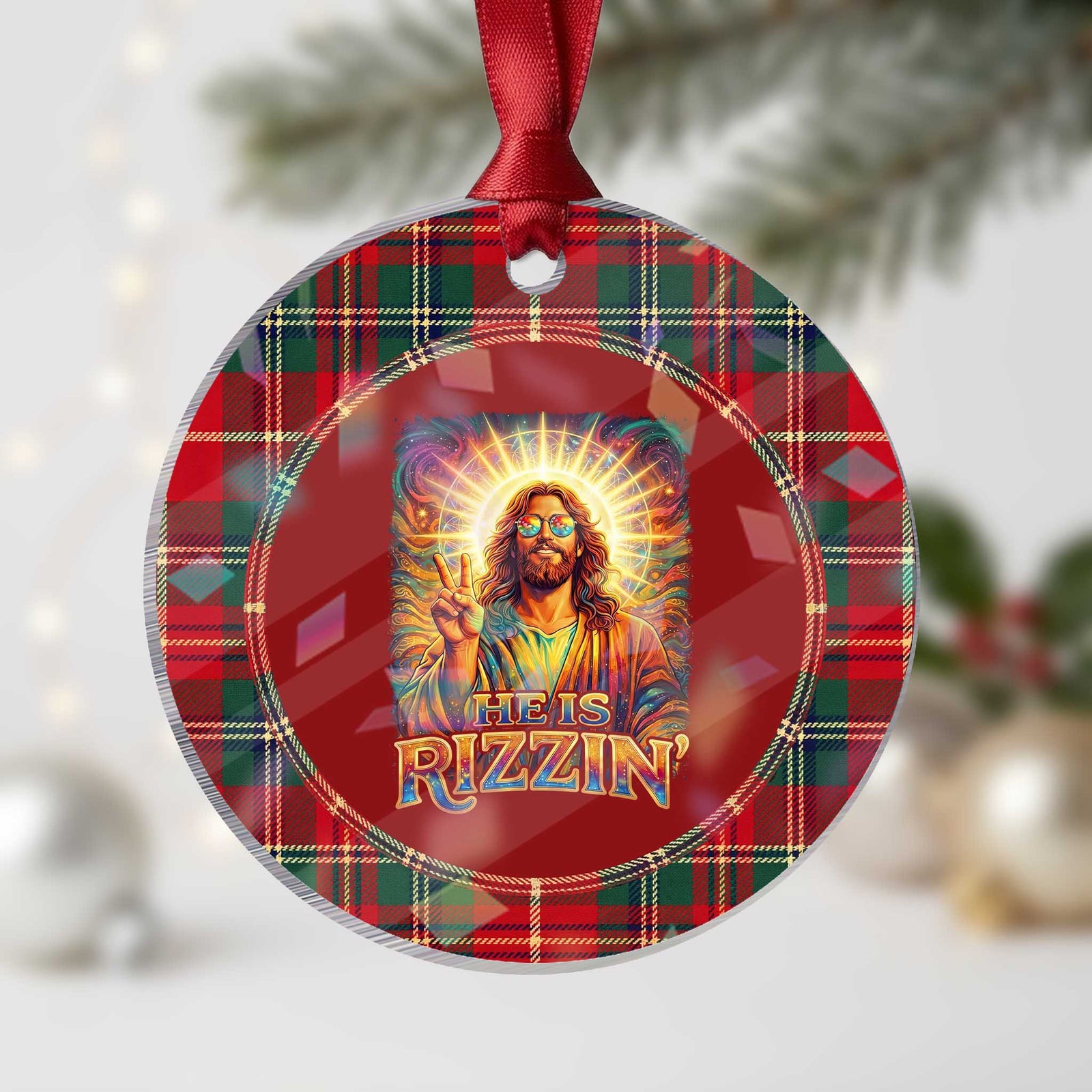 Funny Christian Easter He Is Rizzin Holographic Acrylic Ornament Trendy Jesus Humor with Sunglasses Faith Based Meme Gift