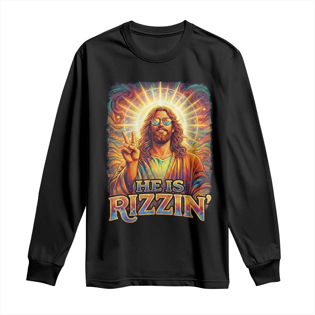 Funny Christian Easter He Is Rizzin Long Sleeve Shirt Trendy Jesus Humor with Sunglasses Faith Based Meme Gift TS02 Black Print Your Wear