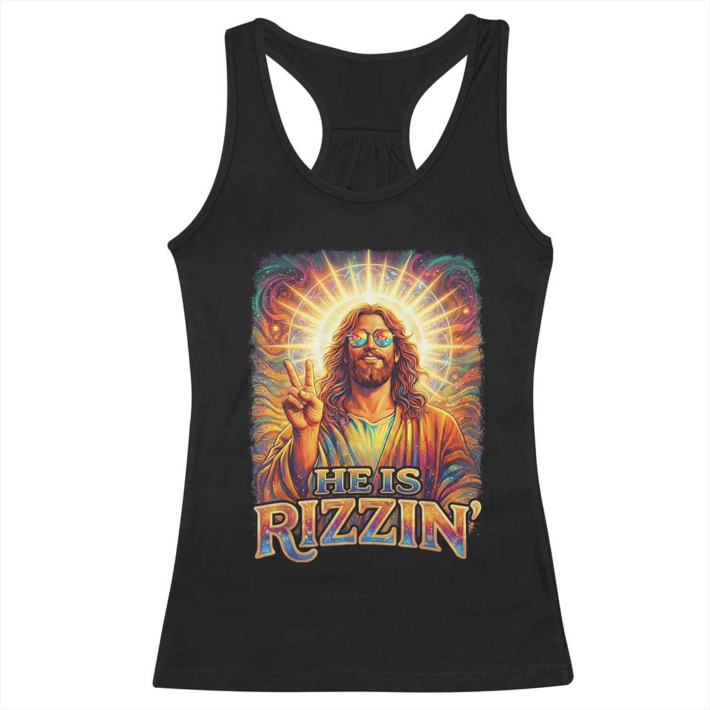 Funny Christian Easter He Is Rizzin Racerback Tank Top Trendy Jesus Humor with Sunglasses Faith Based Meme Gift TS02 Black Print Your Wear