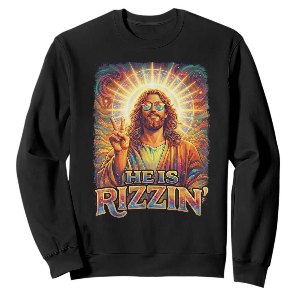 Funny Christian Easter He Is Rizzin Sweatshirt Trendy Jesus Humor with Sunglasses Faith Based Meme Gift TS02 Black Print Your Wear