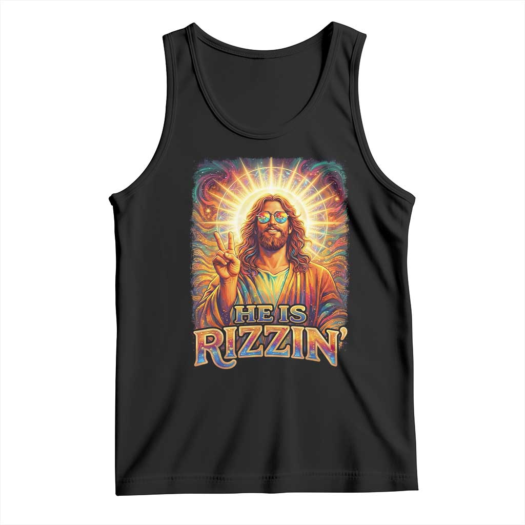 Funny Christian Easter He Is Rizzin Tank Top Trendy Jesus Humor with Sunglasses Faith Based Meme Gift TS02 Black Print Your Wear