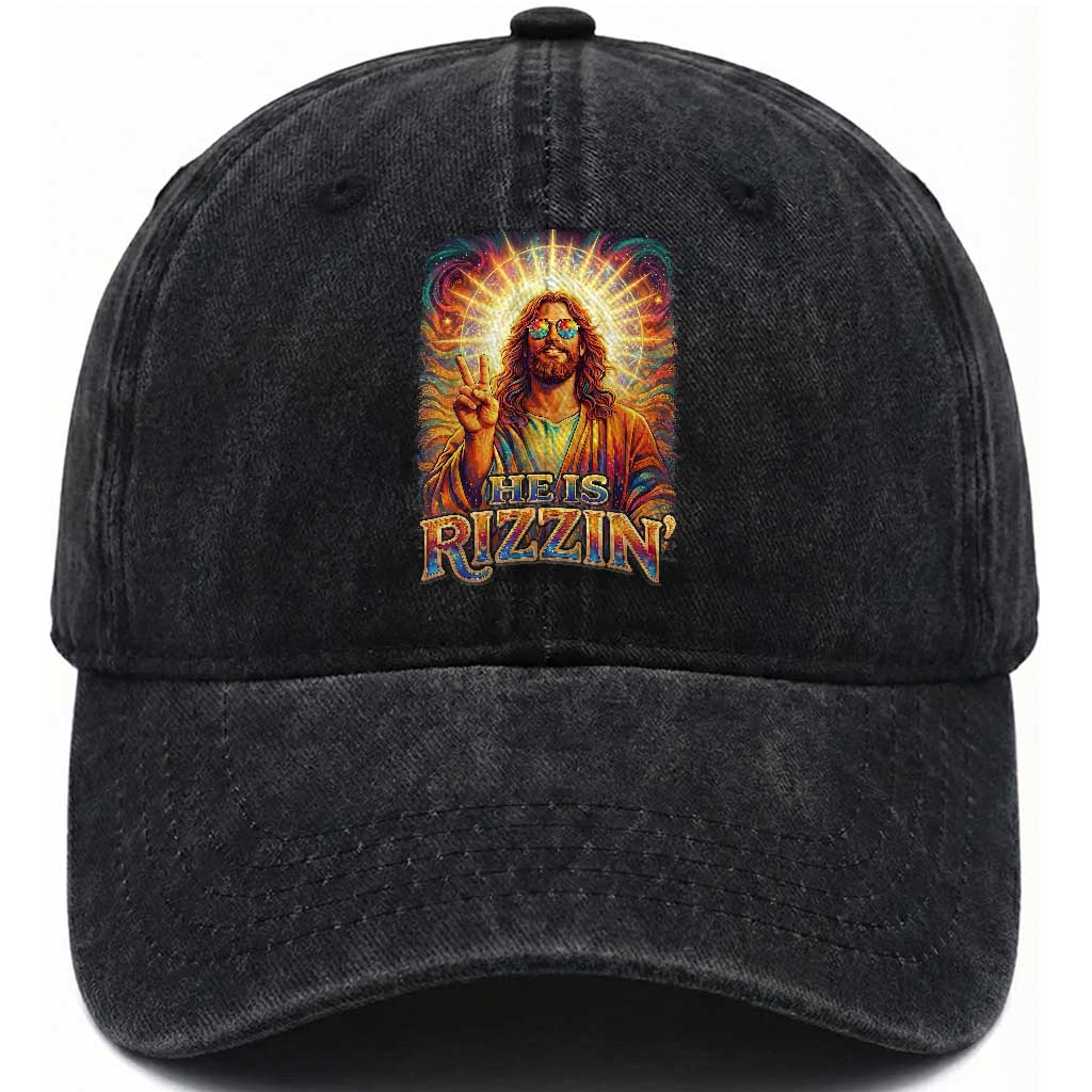 Funny Christian Easter He Is Rizzin Washed Cotton Baseball Cap Trendy Jesus Humor with Sunglasses Faith Based Meme Gift TS02 Print Your Wear