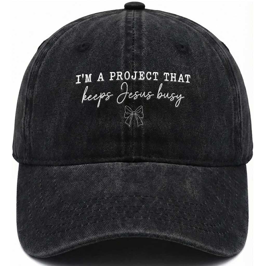 I am a Project That Keeps Jesus Busy Coquette Bow Washed Cotton Baseball Cap Christian Faith Humor TS02 Print Your Wear