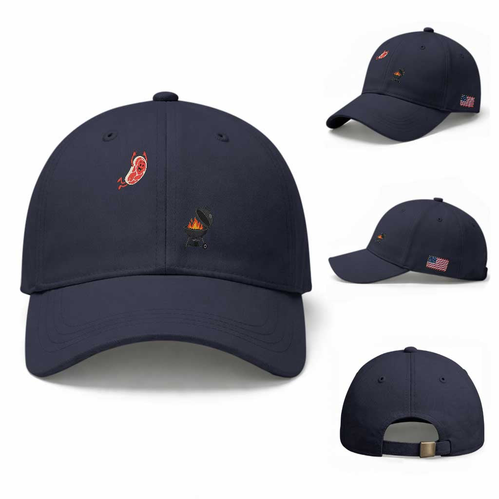 Humorous Diving Steak Charcoal Grill Graphic Baseball Cap BBQ Grilling Pitmaster Cookout Funny Barbecue Master TS02 Baseball Cap Universal Fit Navy Print Your Wear