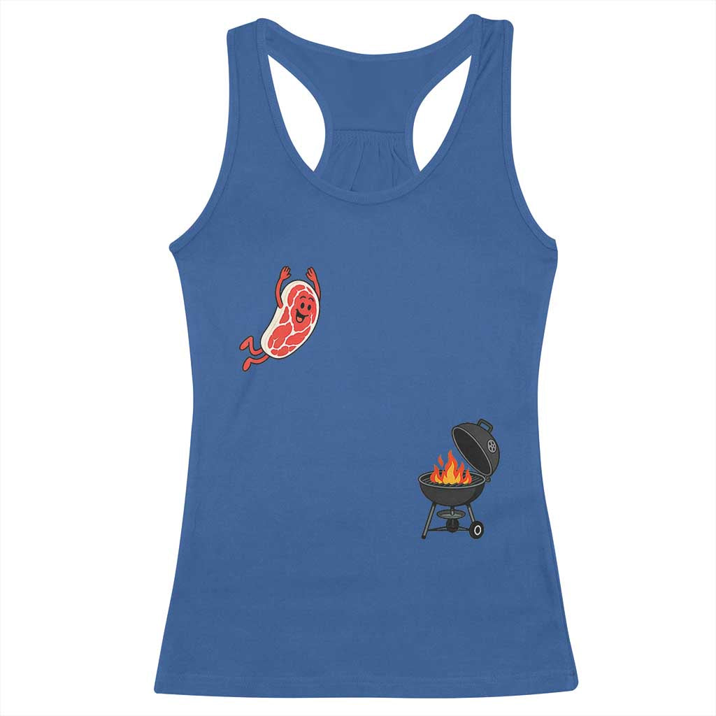 Humorous Diving Steak Charcoal Grill Graphic Racerback Tank Top BBQ Grilling Pitmaster Cookout Funny Barbecue Master TS02 Royal Blue Print Your Wear