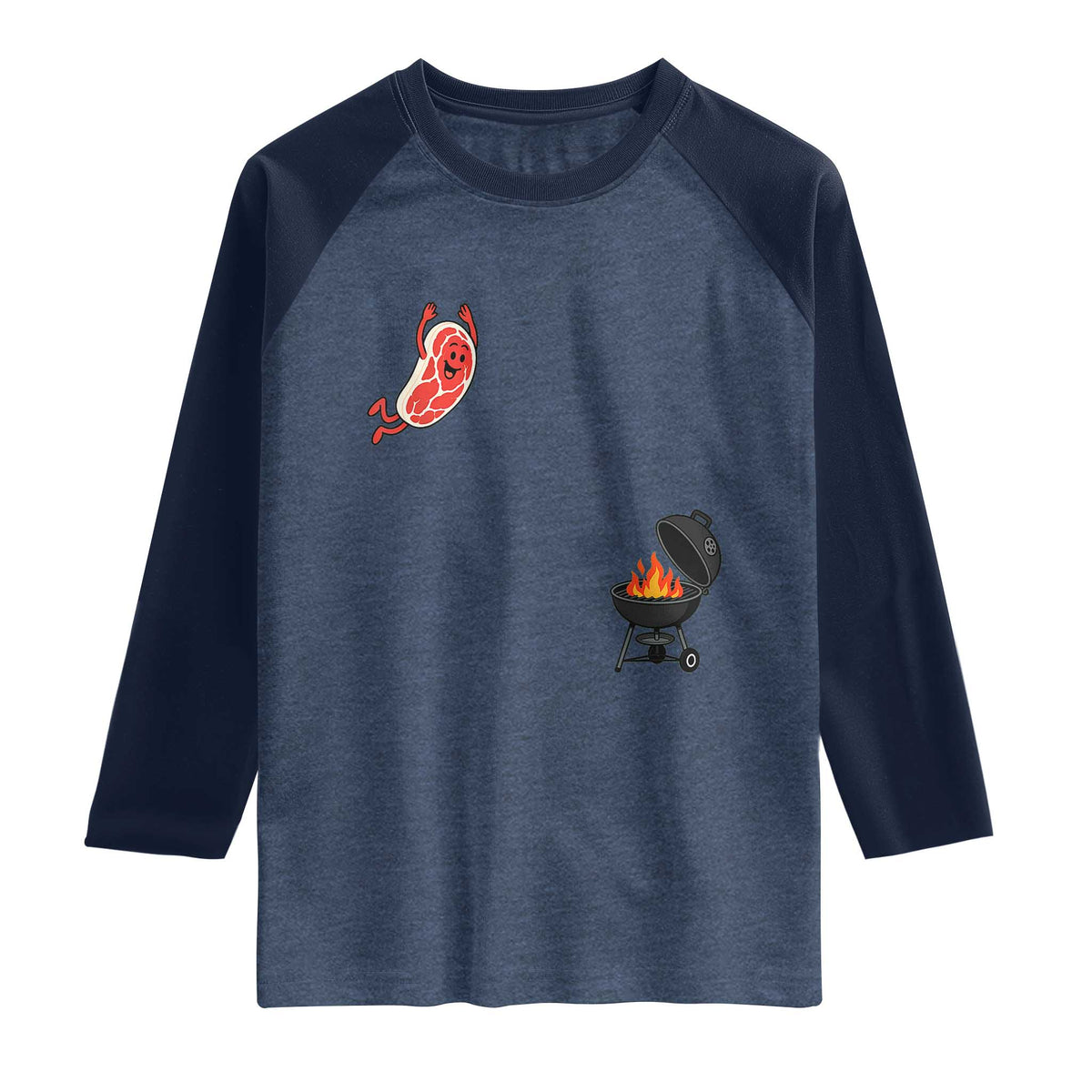 Humorous Diving Steak Charcoal Grill Graphic Raglan Shirt BBQ Grilling Pitmaster Cookout Funny Barbecue Master TS02 Heather Denim Navy Print Your Wear