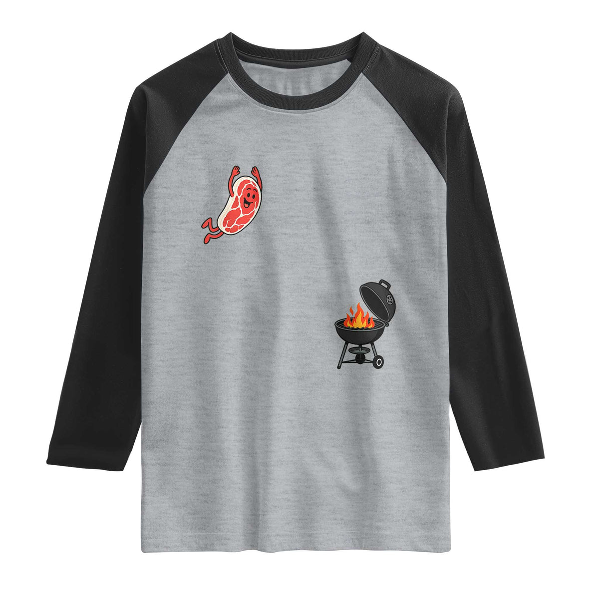 Humorous Diving Steak Charcoal Grill Graphic Raglan Shirt BBQ Grilling Pitmaster Cookout Funny Barbecue Master TS02 Heather Gray Black Print Your Wear