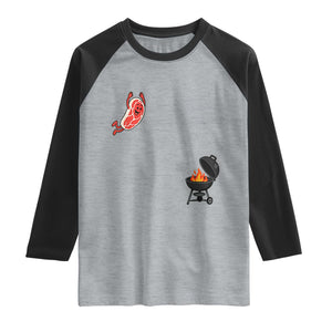 Humorous Diving Steak Charcoal Grill Graphic Raglan Shirt BBQ Grilling Pitmaster Cookout Funny Barbecue Master TS02 Heather Gray Black Print Your Wear