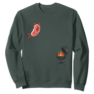 Humorous Diving Steak Charcoal Grill Graphic Sweatshirt BBQ Grilling Pitmaster Cookout Funny Barbecue Master TS02 Dark Forest Green Print Your Wear