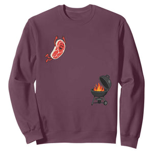Humorous Diving Steak Charcoal Grill Graphic Sweatshirt BBQ Grilling Pitmaster Cookout Funny Barbecue Master TS02 Maroon Print Your Wear