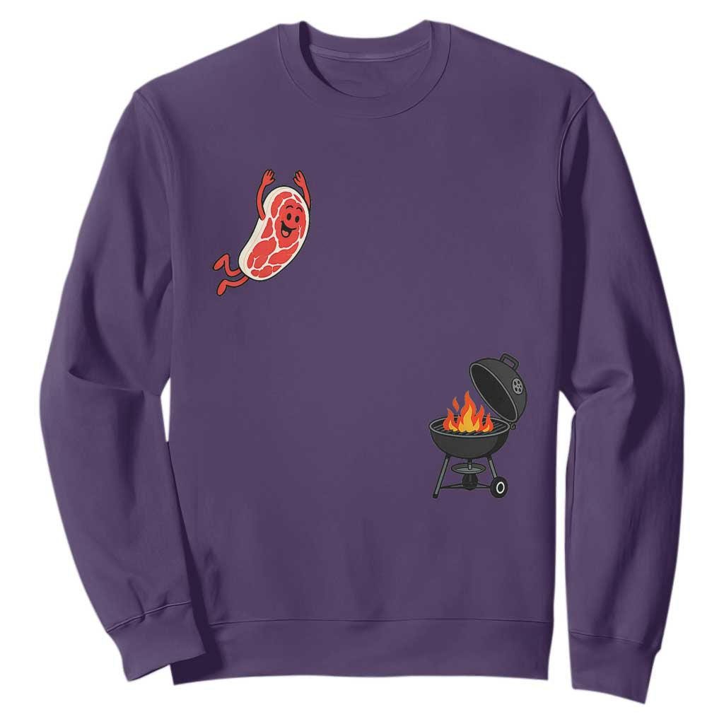 Humorous Diving Steak Charcoal Grill Graphic Sweatshirt BBQ Grilling Pitmaster Cookout Funny Barbecue Master TS02 Purple Print Your Wear