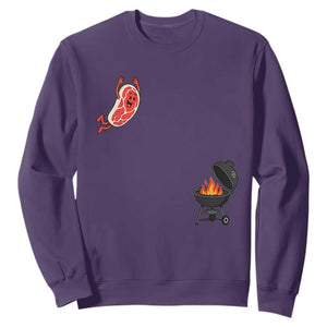 Humorous Diving Steak Charcoal Grill Graphic Sweatshirt BBQ Grilling Pitmaster Cookout Funny Barbecue Master TS02 Purple Print Your Wear