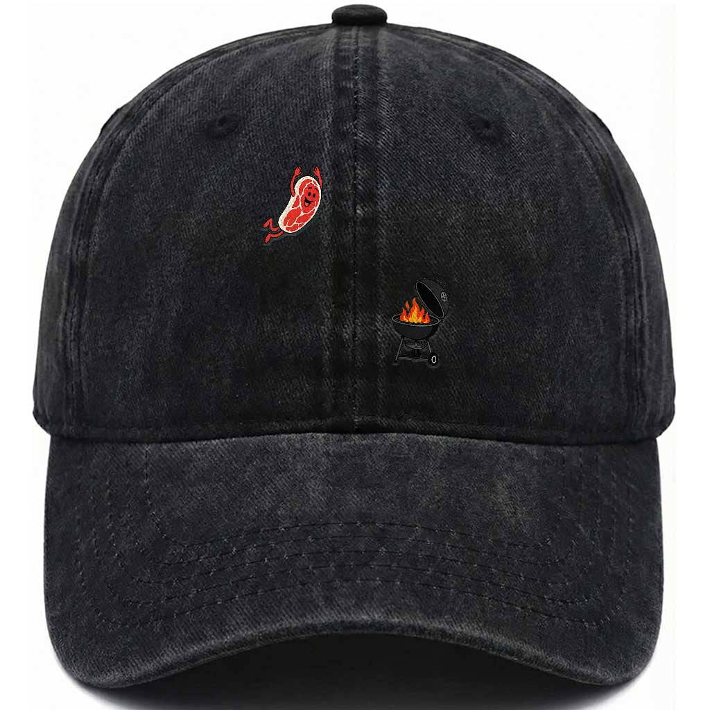 Humorous Diving Steak Charcoal Grill Graphic Washed Cotton Baseball Cap BBQ Grilling Pitmaster Cookout Funny Barbecue Master TS02 Print Your Wear