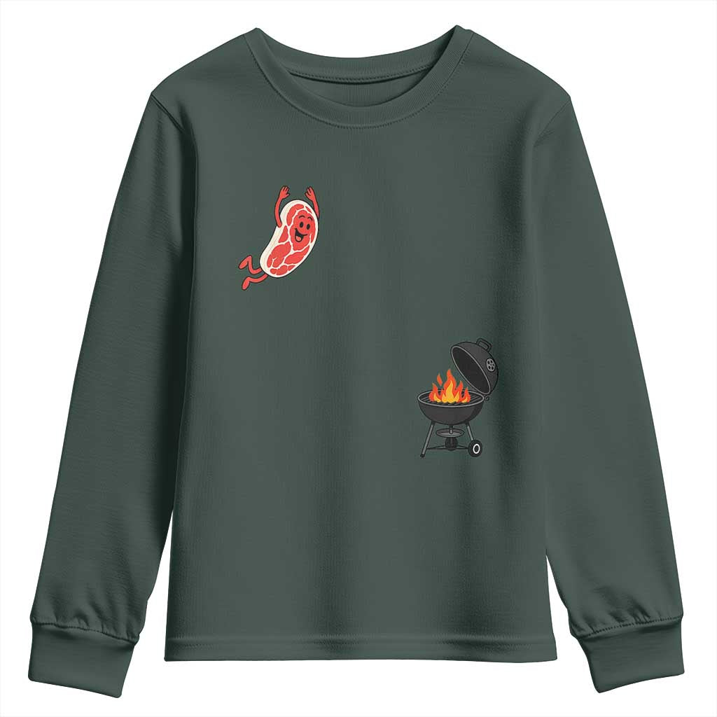 Humorous Diving Steak Charcoal Grill Graphic Youth Sweatshirt BBQ Grilling Pitmaster Cookout Funny Barbecue Master TS02 Dark Forest Green Print Your Wear
