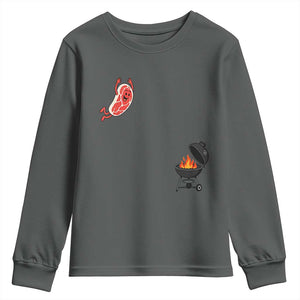 Humorous Diving Steak Charcoal Grill Graphic Youth Sweatshirt BBQ Grilling Pitmaster Cookout Funny Barbecue Master TS02 Dark Heather Print Your Wear