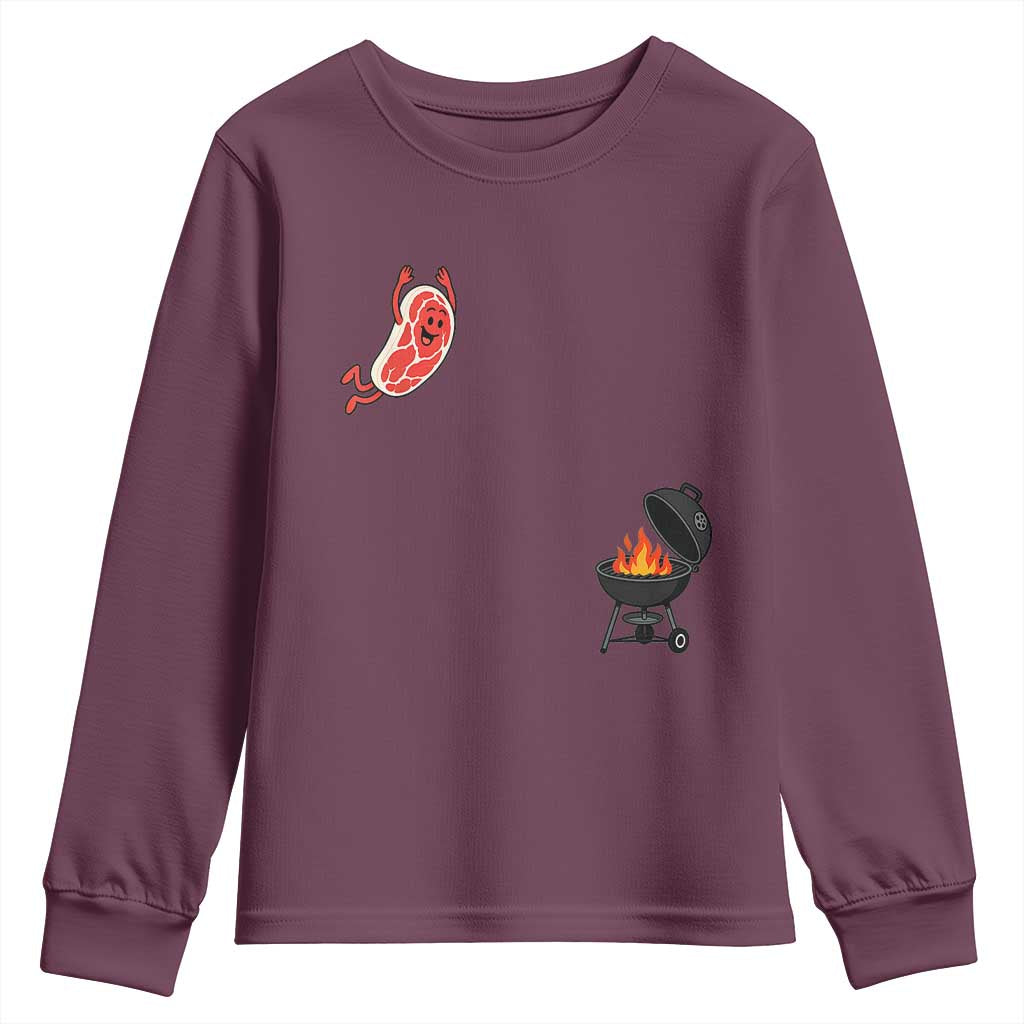 Humorous Diving Steak Charcoal Grill Graphic Youth Sweatshirt BBQ Grilling Pitmaster Cookout Funny Barbecue Master TS02 Maroon Print Your Wear