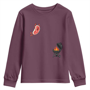 Humorous Diving Steak Charcoal Grill Graphic Youth Sweatshirt BBQ Grilling Pitmaster Cookout Funny Barbecue Master TS02 Maroon Print Your Wear