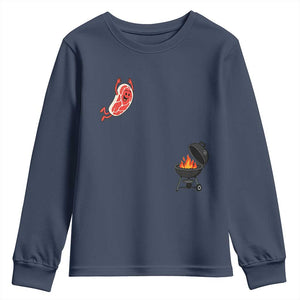 Humorous Diving Steak Charcoal Grill Graphic Youth Sweatshirt BBQ Grilling Pitmaster Cookout Funny Barbecue Master TS02 Navy Print Your Wear