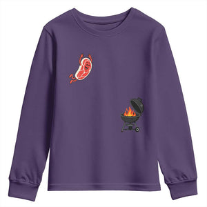 Humorous Diving Steak Charcoal Grill Graphic Youth Sweatshirt BBQ Grilling Pitmaster Cookout Funny Barbecue Master TS02 Purple Print Your Wear