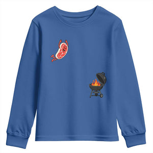 Humorous Diving Steak Charcoal Grill Graphic Youth Sweatshirt BBQ Grilling Pitmaster Cookout Funny Barbecue Master TS02 Royal Blue Print Your Wear