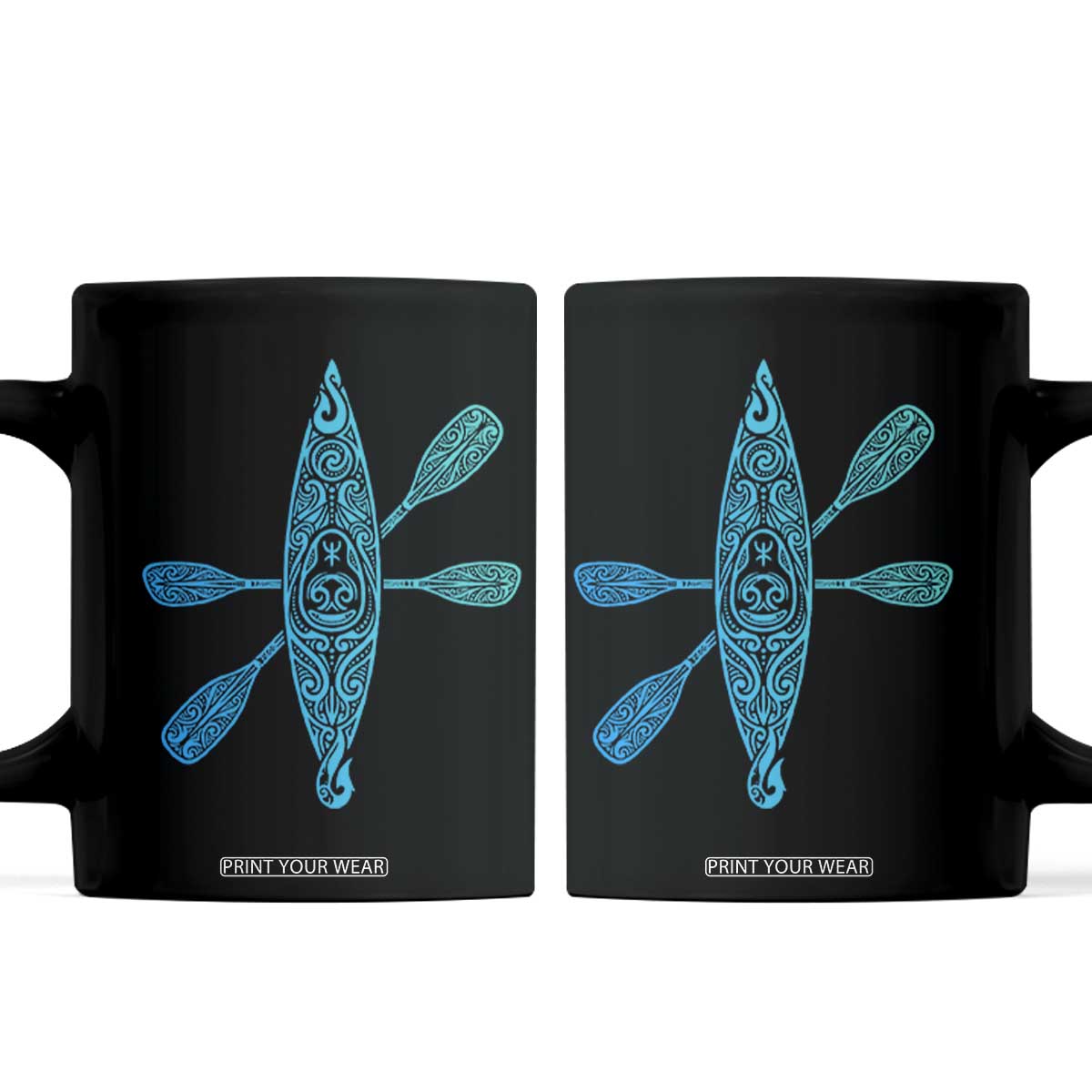 Polynesian Tribal Kayak Graphic Coffee Mug Maori Pattern Water Sports Cyan Gradient Paddling TS02 Black Print Your Wear