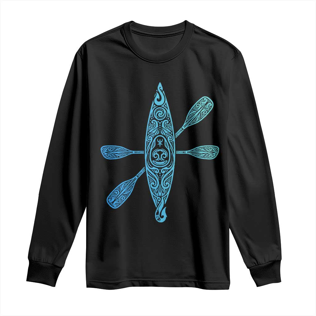 Polynesian Tribal Kayak Graphic Long Sleeve Shirt Maori Pattern Water Sports Cyan Gradient Paddling TS02 Black Print Your Wear