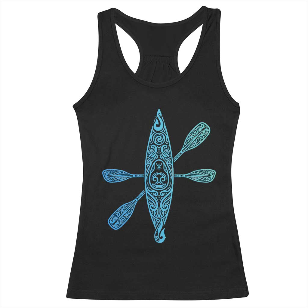 Polynesian Tribal Kayak Graphic Racerback Tank Top Maori Pattern Water Sports Cyan Gradient Paddling TS02 Black Print Your Wear