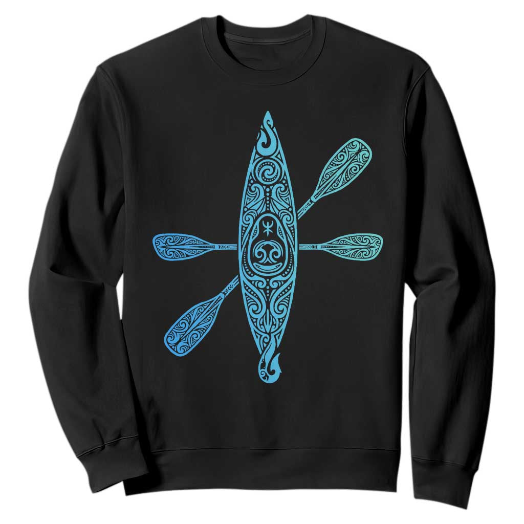 Polynesian Tribal Kayak Graphic Sweatshirt Maori Pattern Water Sports Cyan Gradient Paddling TS02 Black Print Your Wear