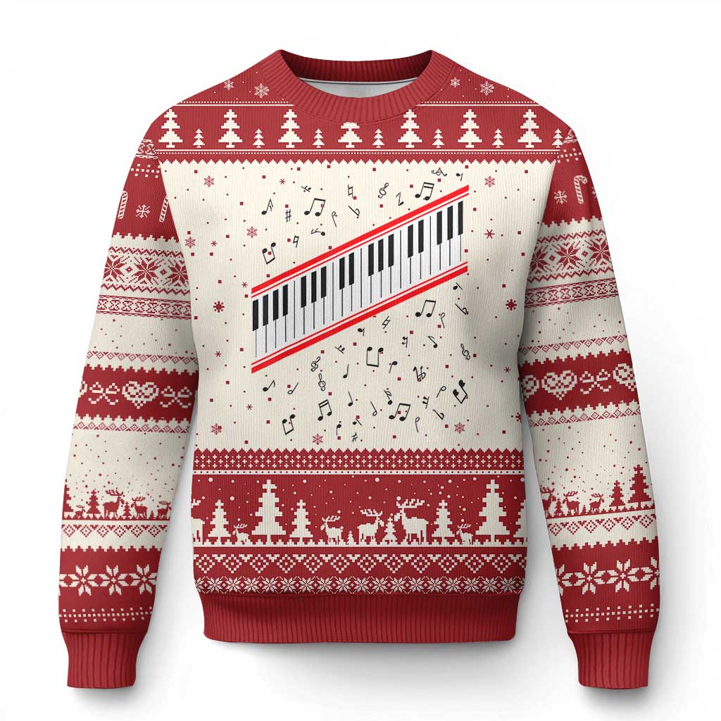 Piano Keyboard Graphic Ugly Christmas Sweater Musical Notes Alignment Pianist TS02 Beige Red Print Your Wear