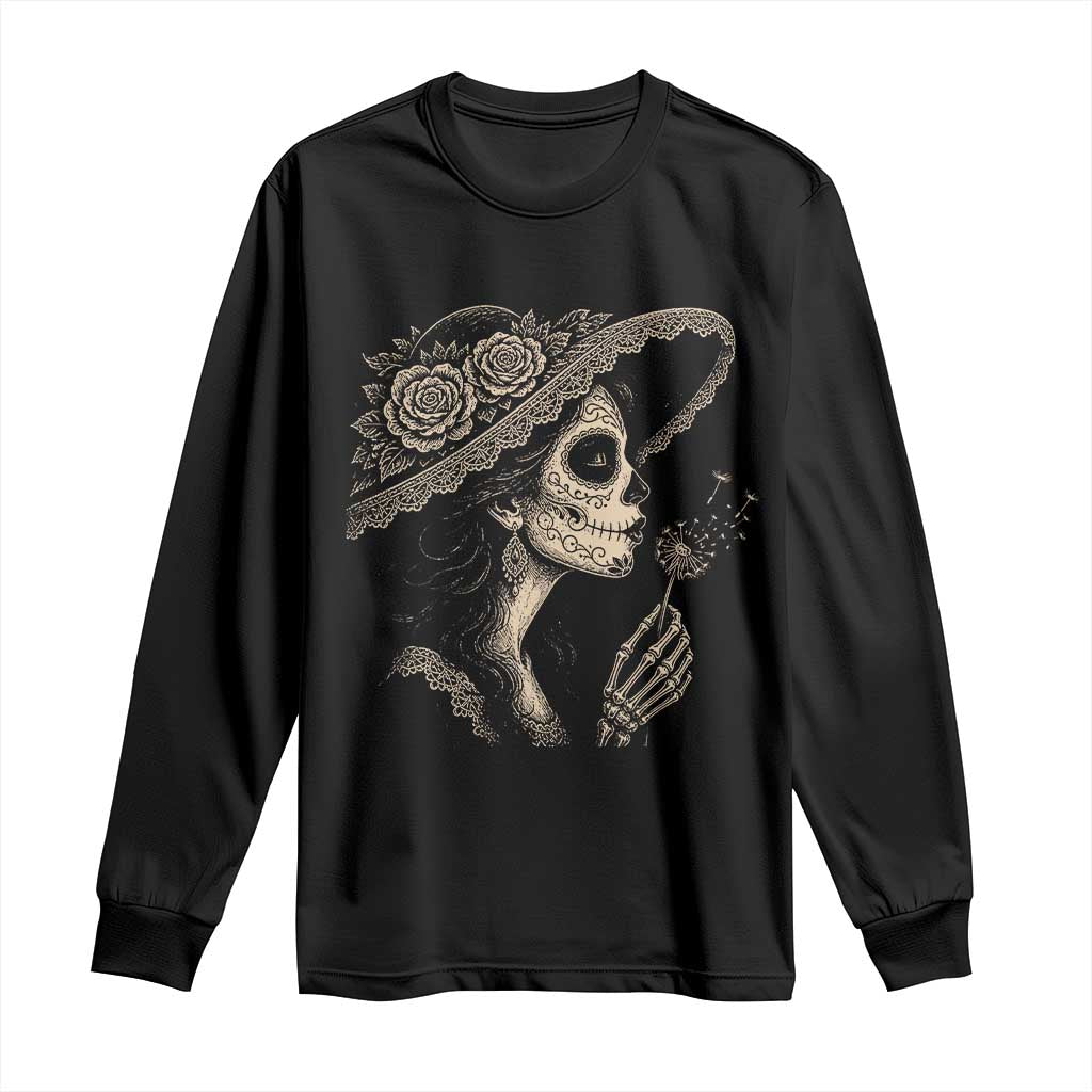Vintage Dia de los Muertos Catrina Portrait Graphic Long Sleeve Shirt Gothic Sugar Skull Woman Blowing Dandelion TS02 Black Print Your Wear