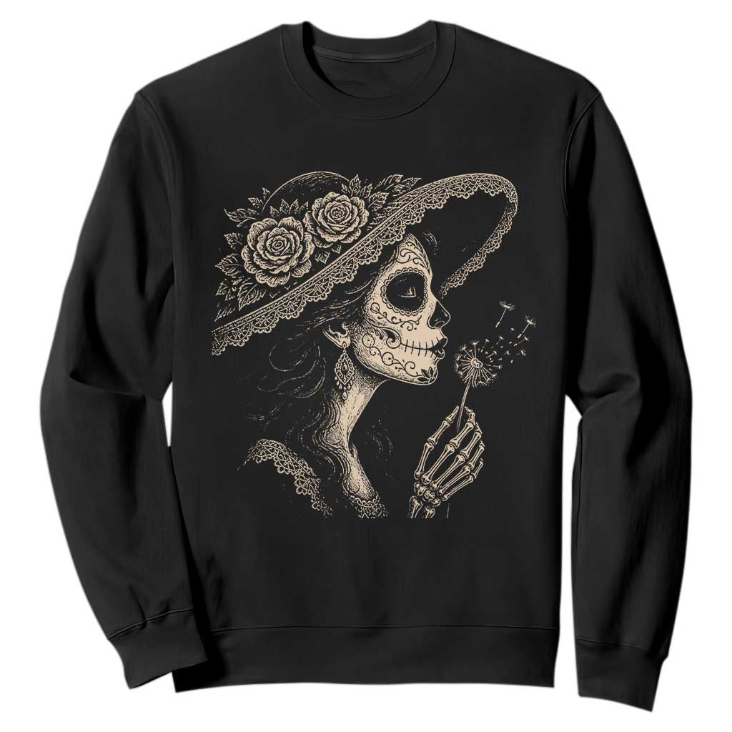 Vintage Dia de los Muertos Catrina Portrait Graphic Sweatshirt Gothic Sugar Skull Woman Blowing Dandelion TS02 Black Print Your Wear