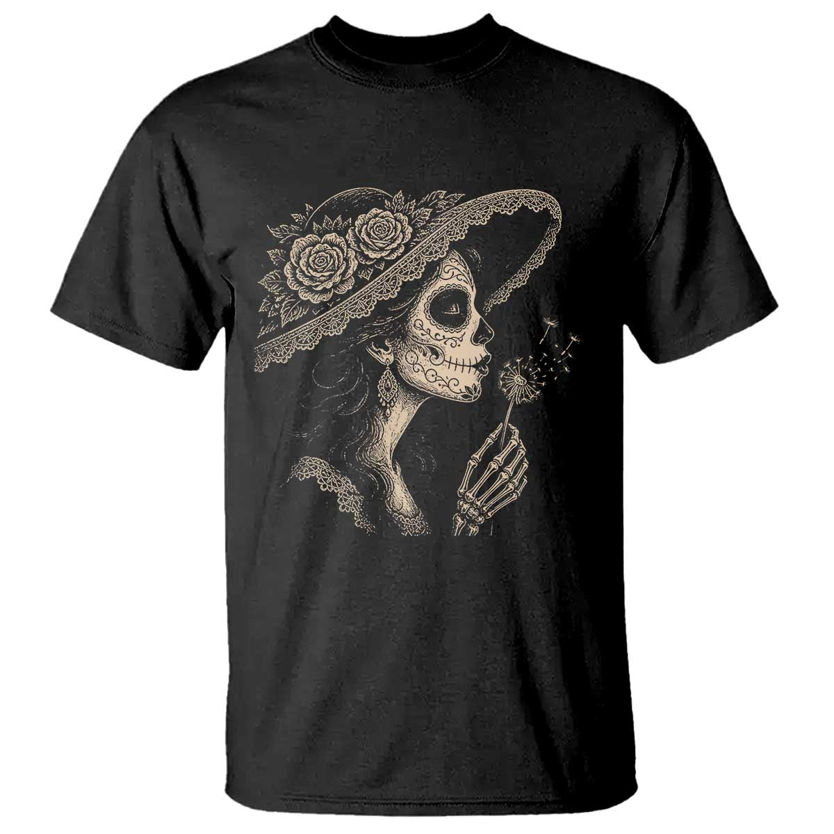 Vintage Dia de los Muertos Catrina Portrait Graphic T Shirt Gothic Sugar Skull Woman Blowing Dandelion TS02 Black Print Your Wear