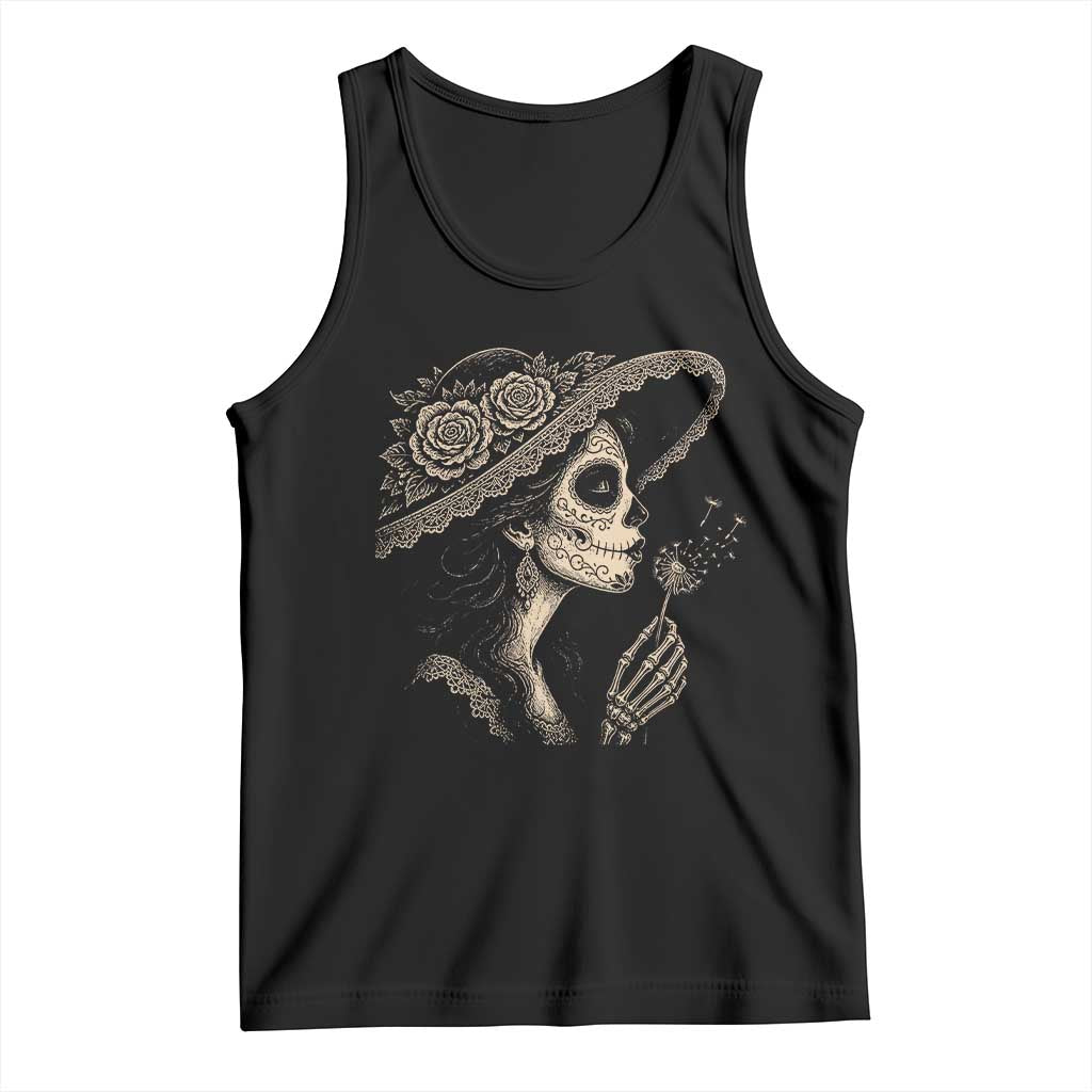 Vintage Dia de los Muertos Catrina Portrait Graphic Tank Top Gothic Sugar Skull Woman Blowing Dandelion TS02 Black Print Your Wear
