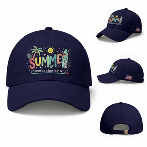 Summer Remembering My Why Baseball Cap Cute Tropical Beach Palm Tree Surfboard Teacher Graphic TS02 Baseball Cap Universal Fit Dark Blue Print Your Wear